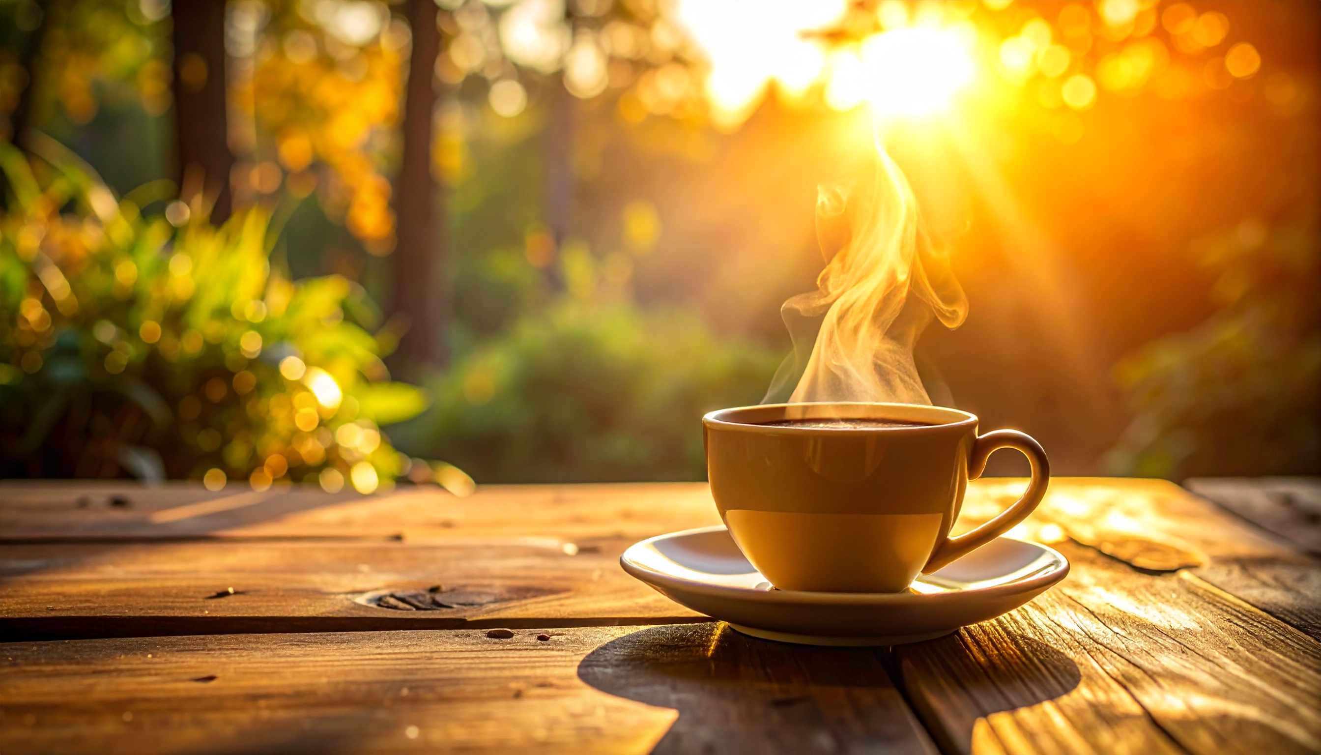 Steaming Coffee Cup on Wooden Table in Natural Outdoor Setting